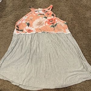 BiBi Floral, Gray and White Striped Tank Top